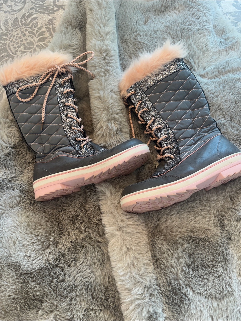 Justice Girls Quilted Gray Winter Boots with Pink Trim and Sparkles